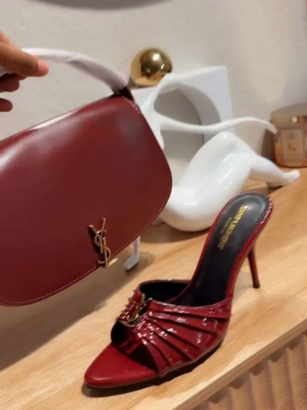 Saint Laurent Burgundy Patent Leather Slide Mule with Gold Hardware